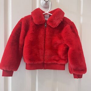 Hanna Andersson Red Faux Fur Bomber Jacket Girls Size 100 US 4